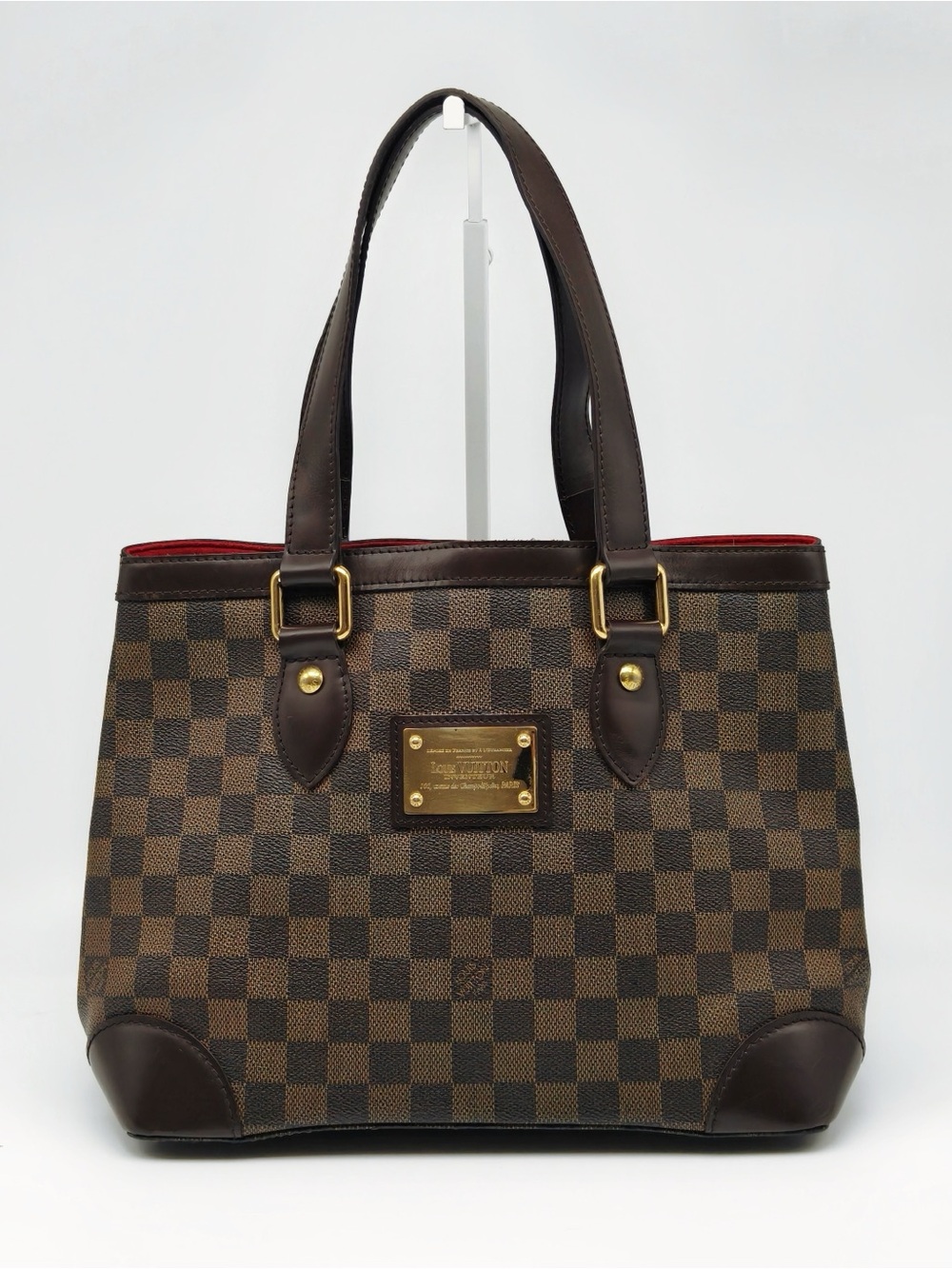 Louis Vuitton Brown Checkered Canvas Tote with Dark Brown Trim and Red Interior